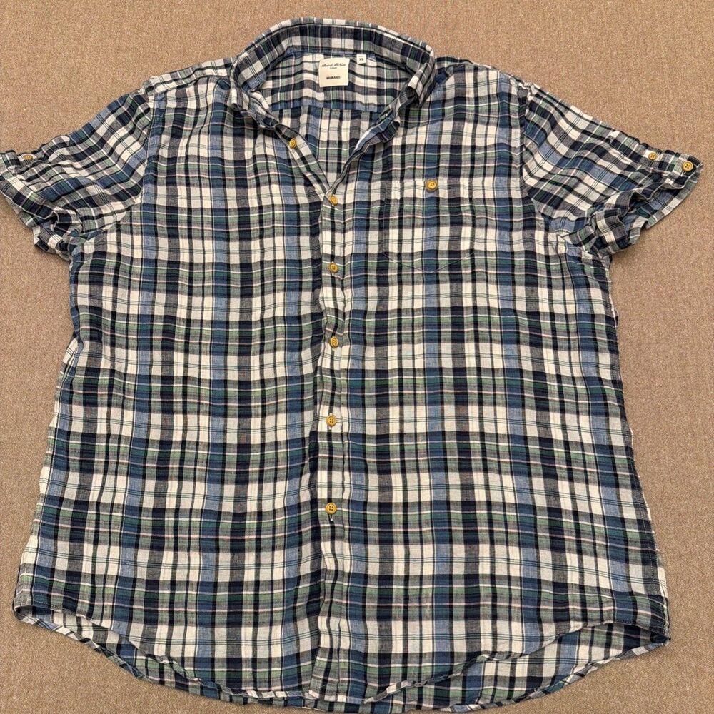 Baird McNutt Shirt mens XL Blue Green Plaid Murano Linen Short Sleeve